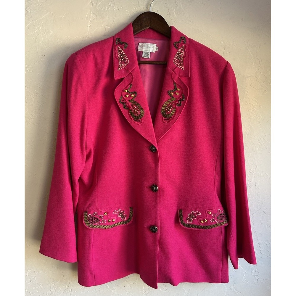 Vintage Neiman Marcus Wool Hot Pink Power Suit Jacket‎ Pants Set 14 Glam Bold